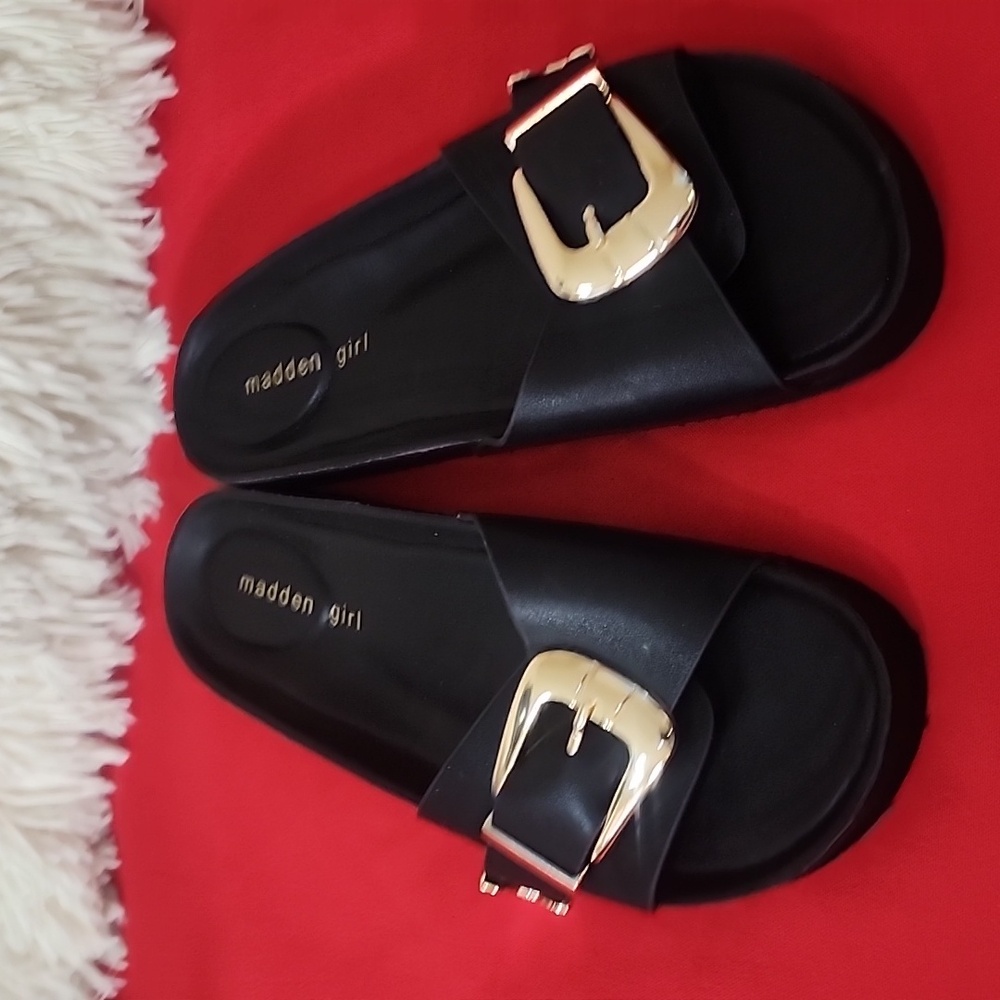 Madden Girl Brook Black Sandals with Gold Buckle